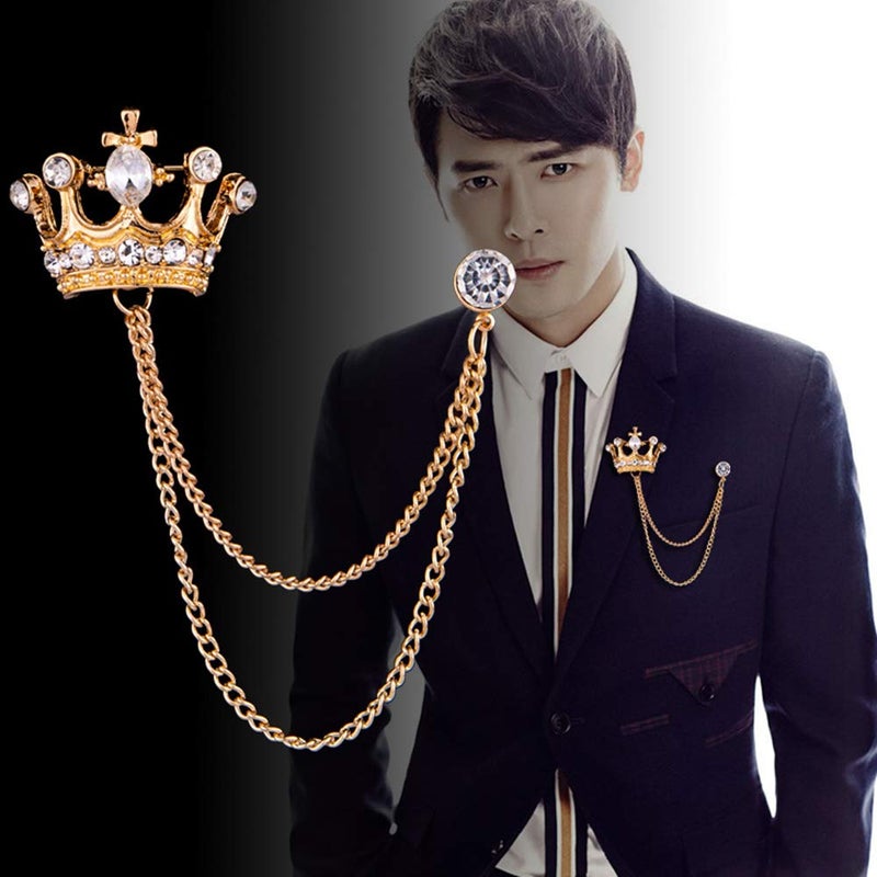 Shuxy 2PCS Men's Crown Hanging Chain Brooch with Stone Detailing, Engraving, Metal Crystal, Suit Stud Lapel Pin, Vintage Rhinestone Breastpin Wedding Brooch Pin, Gold and Silver - Image 4